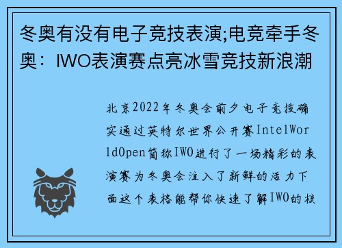 冬奥有没有电子竞技表演;电竞牵手冬奥：IWO表演赛点亮冰雪竞技新浪潮